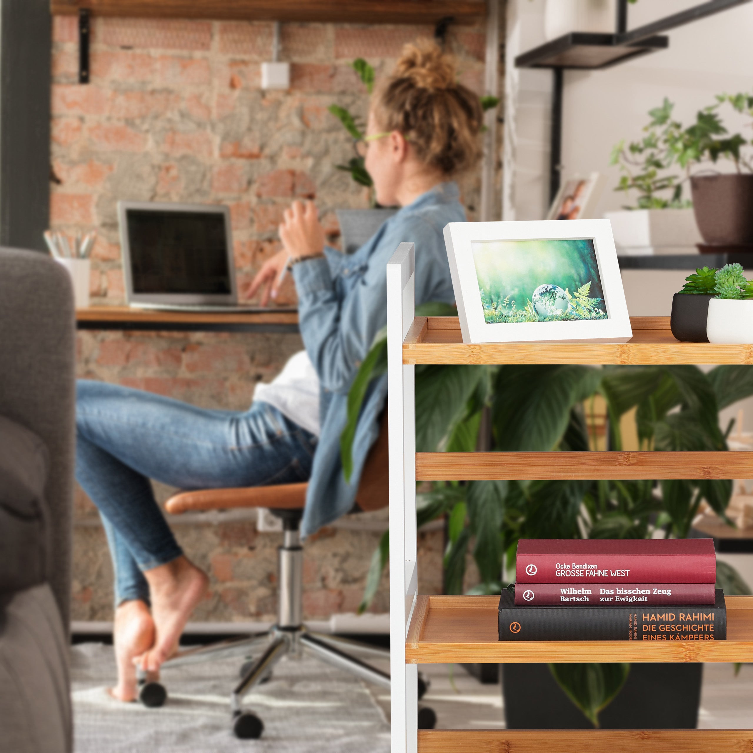 Etagère de bain, Etagères pour cosmétique, et ustensiles, Etagère de bambou, Tailles, blanc/naturel, Relaxdays - 3