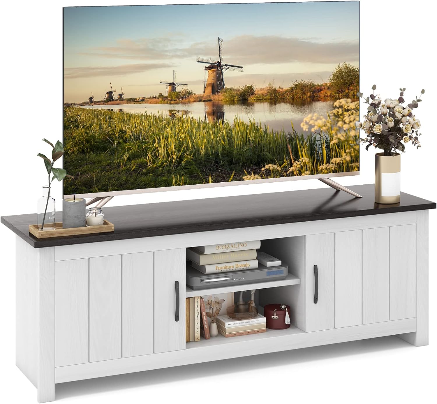 Szafka pod telewizor z 2 drzwiami i otwartymi półkami, stojak pod telewizor do 65", do salonu, sypialni, 145 x 40 x 50 cm (biała + brązowa)