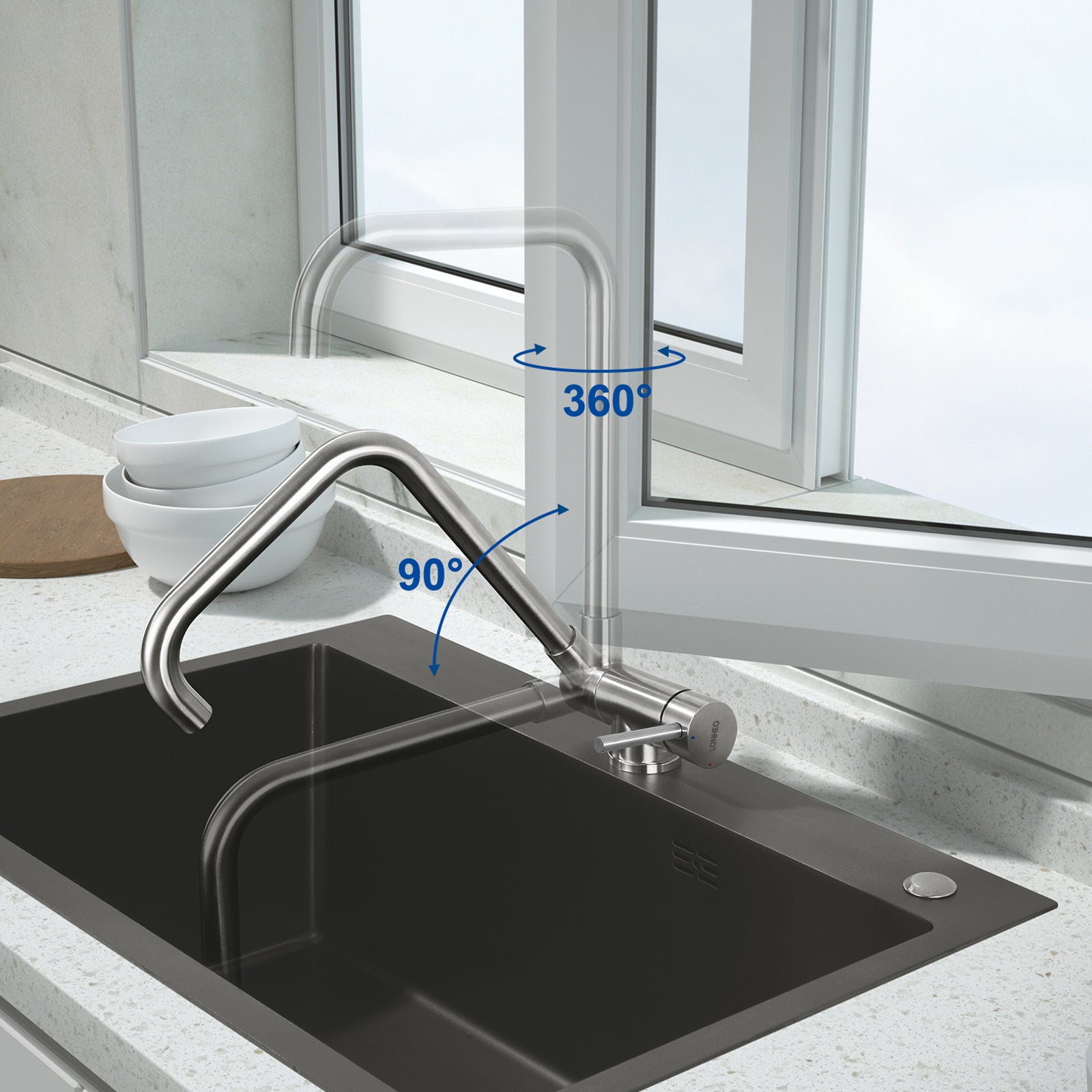 Mitigeur de Cuisine Rabattable, Pivotant à 360°,Robinet de Cuisine avec Poignée Pliable Contre Fenêtre, Robinet Mitigeur Evier Acier Inox 304 - 2