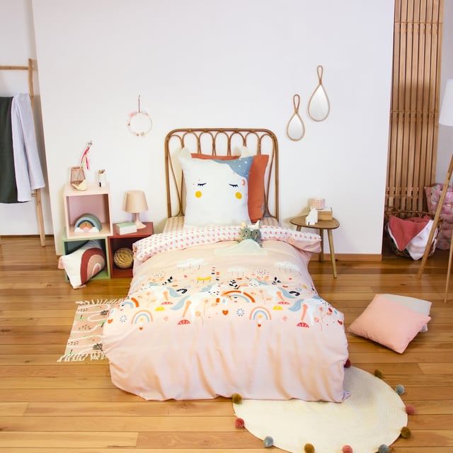 Parure de lit enfant licorne avec poche pour doudou - Rose - 140x200 cm - Polyester
