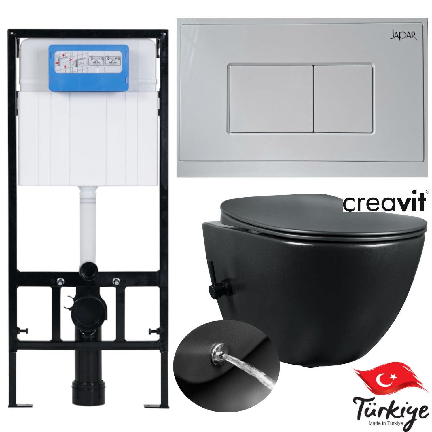 Zestaw miska WC wisząca z funkcją bidetu 51x35,5 cm, deska w komplecie, stelaż podtynkowy Slim 113x52x12 cm, biały, Creavit Freedom