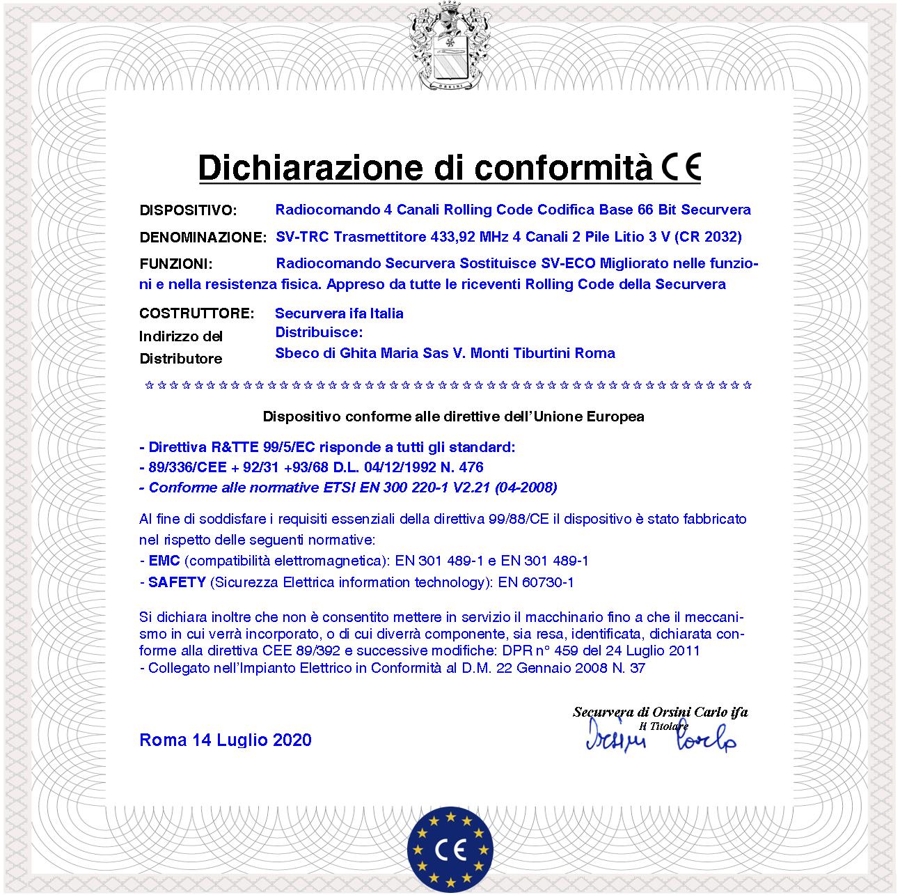 Telecomando Quadricanale 2 Pezzi Frequenza di Trasmissione 433,92 MHz Potenza Trasmessa 1 mW Codifica di Sicurezza Univoca Securvera a 66 Bit Led Segn - 3