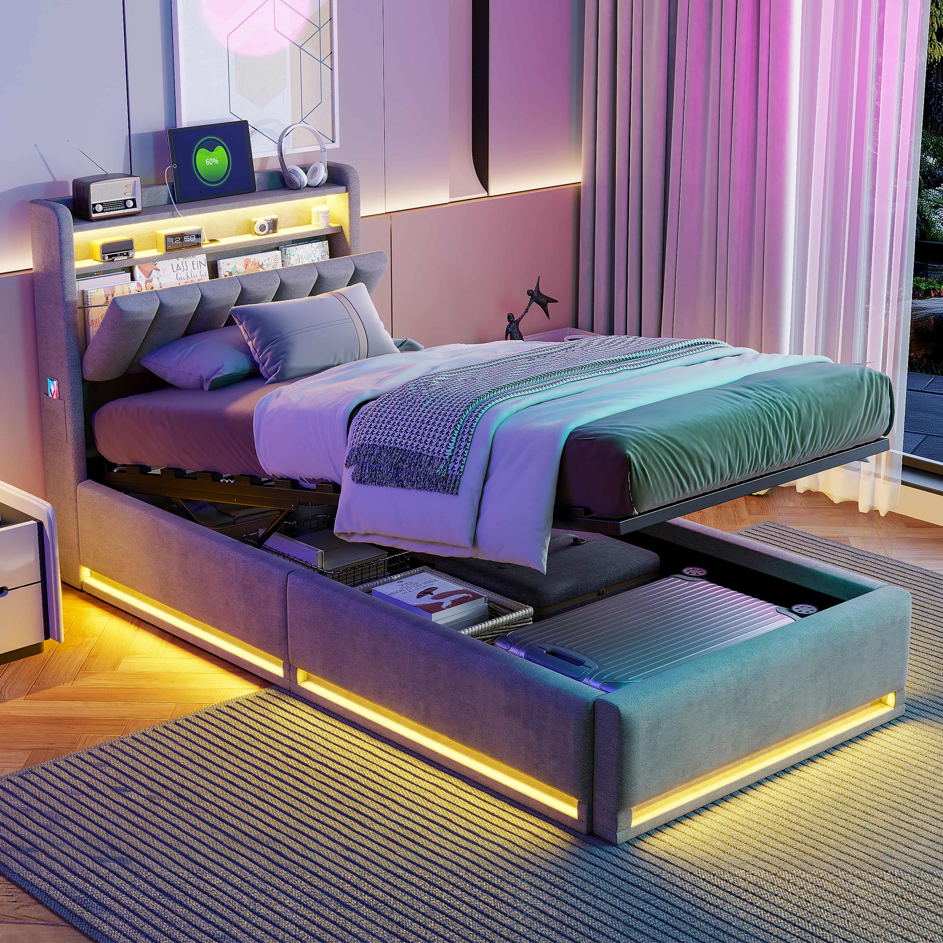 Letto Singolo 90x200 Cm Con LED E Porta USB – Testiera Con Ripiano, Vano Idraulico E Telaio In Metallo, Grigio Lino