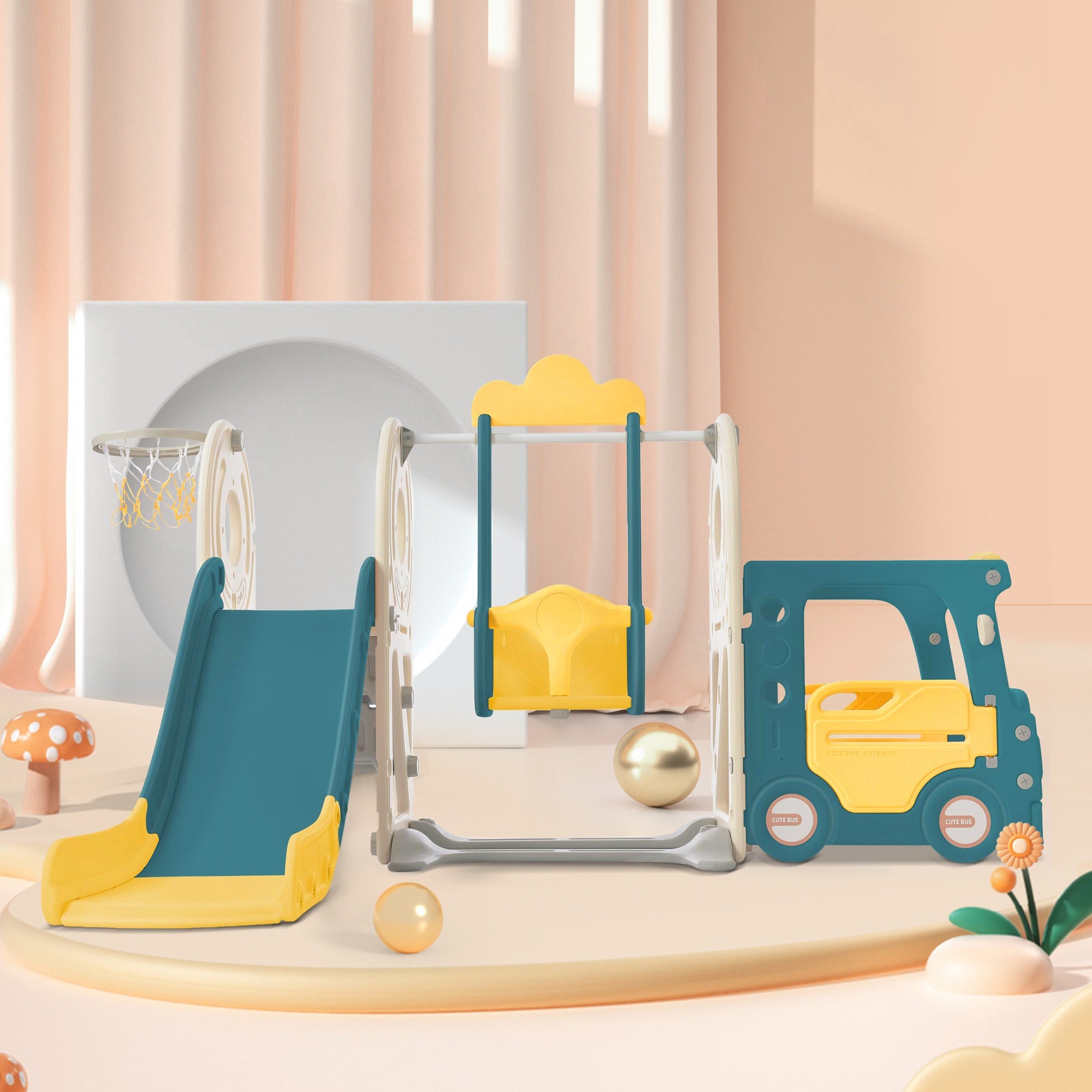 Toboggan pour tout-petits 5 en 1 toboggan autoportant pour enfant avec panier de basket, télescope, 178x70x86cm, jaune - Jeux - Jouets