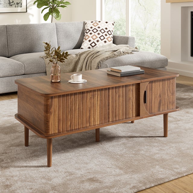 Table basse avec plateau relevable et 1 porte coulissante - 100 x 48 x 55,5 cm - MDF et bois massif - Noyer - Design rétro