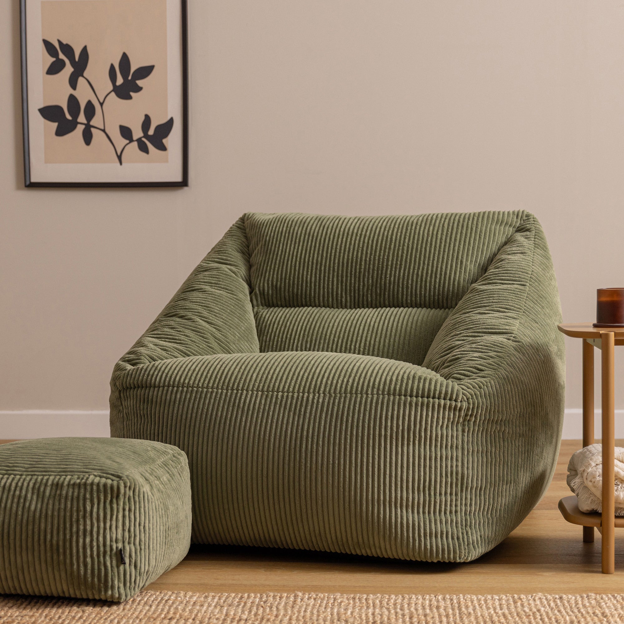 Pouf fauteuil avec repose-pied carré Icon velours côtelé vert sauge 97x84cm Oeko-Tex® - 2