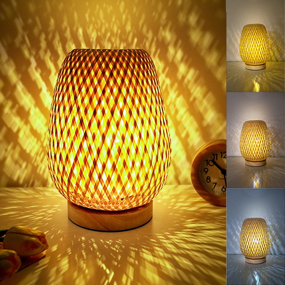 Lampa stołowa z plecionego bambusa E27, wykonana ręcznie, z podstawą, lampka nocna, 5V (3 kolory), ściemnianie za pomocą pilota
