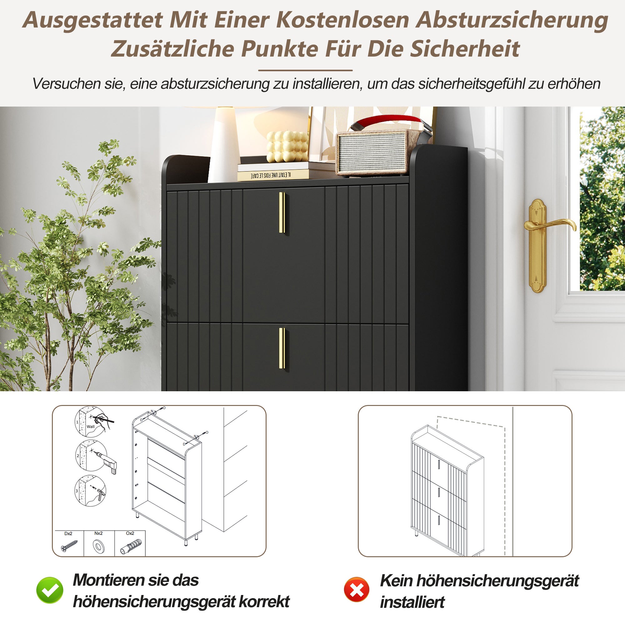 Meuble à chaussures avec 3 portes rabattables et dispositif anti-basculement - 80 x 23,5 x 123,5 cm - MDF - Noir - 8