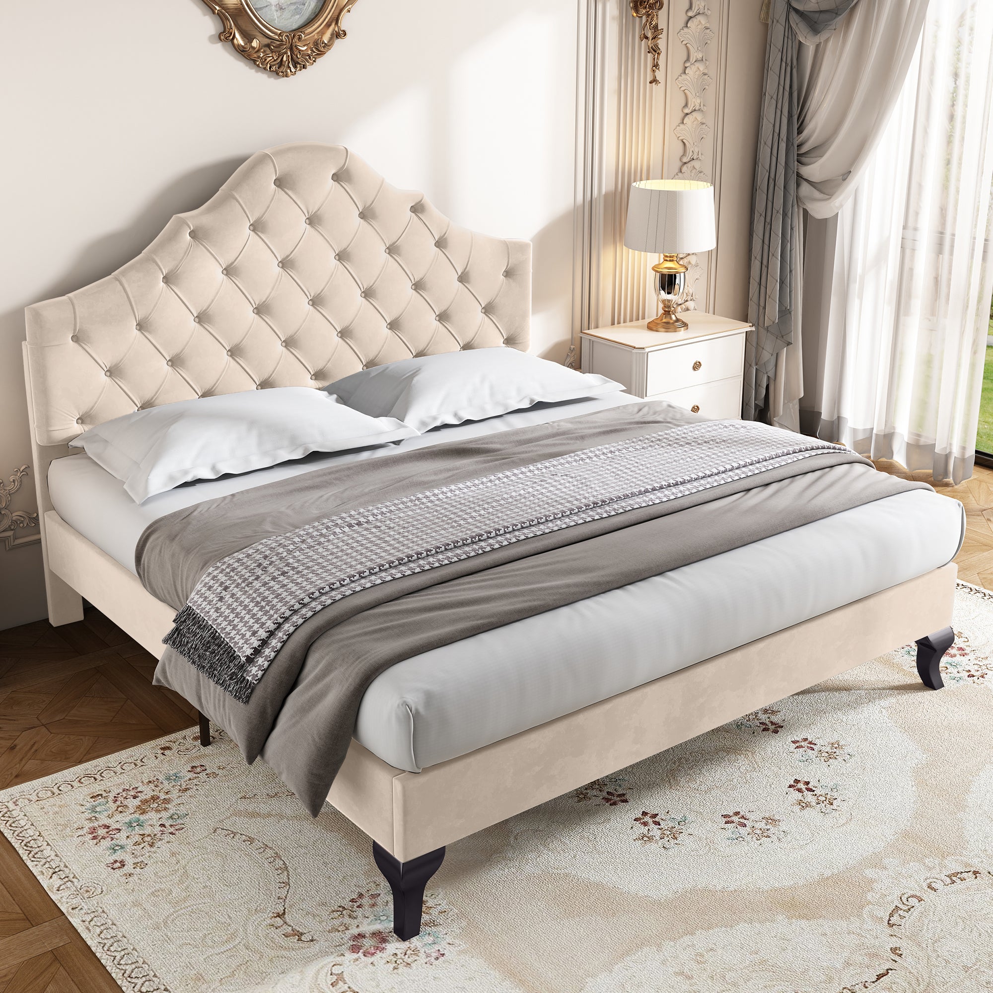 Lit Adulte Double 140x190 cm - Sommier à Lattes - Tête de Lit Réglable - Velours Beige (Sans Matelas) - 4