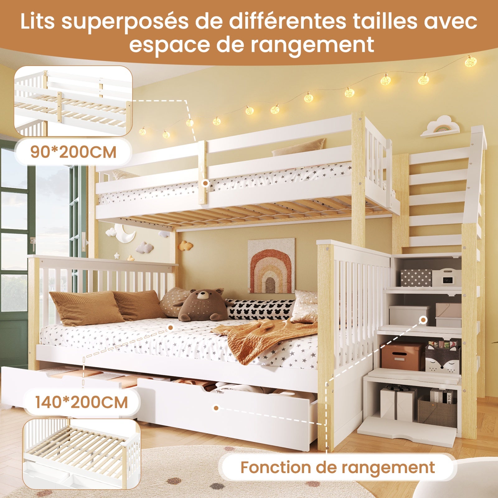 Lit superposé triple 90 x 200 cm - lit enfant 3 couches avec barrières de sécurité - bois de pin massif - sans matelas - blanc