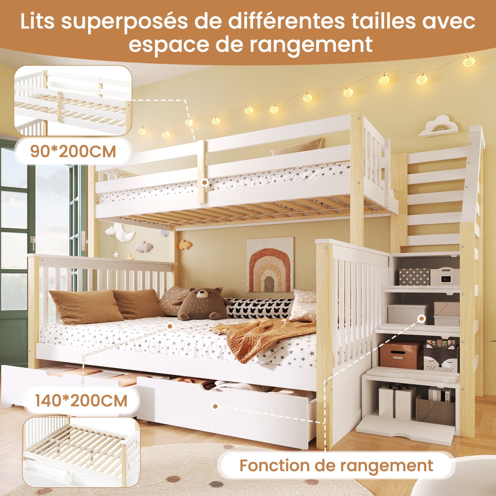 Lit superposé triple 90 x 200 cm - lit enfant 3 couches avec barrières de sécurité - bois de pin massif - sans matelas - blanc Lit superposé triple 90 x 200 cm - lit enfant 3 couches avec barrières de sécurité - bois de pin massif - sans matelas - blanc