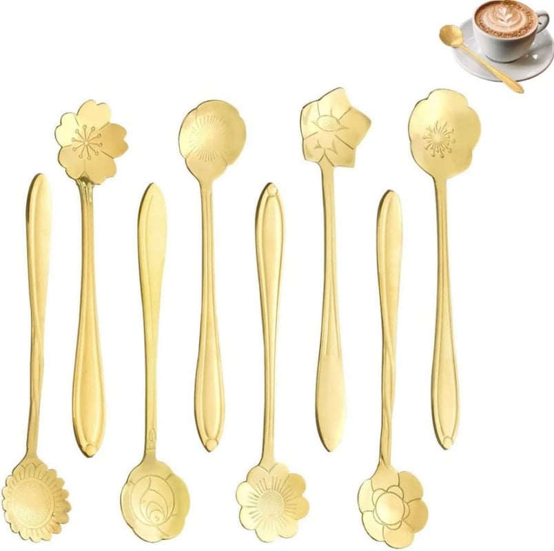 (Złoto) 8 łyżeczek do herbaty, łyżeczki ze stali nierdzewnej w kształcie kwiatów do deserów, cukru, lodów i dżemu