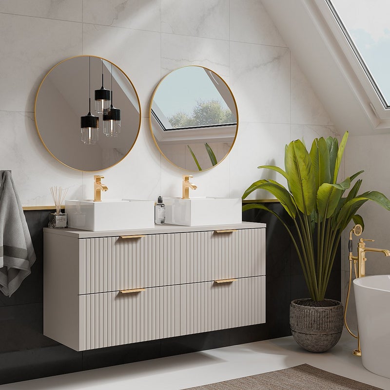 Szafka łazienkowa wisząca ryflowana z dwoma kwadratowymi umywalkami nablatowymi - Beżowy - szer. 120 cm - ZEVARA