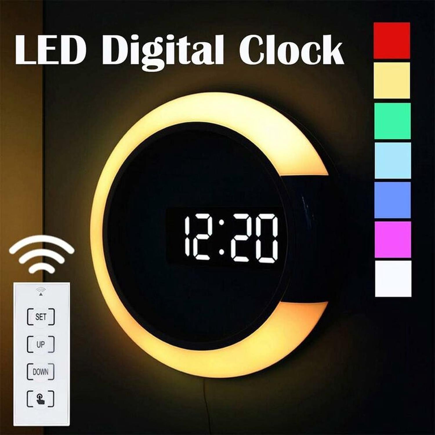 Horloge murale à LED, télécommande créative, horloge numérique, miroir creux, alarme de température, 7 couleurs changeantes, veilleuse pour la maison - 5