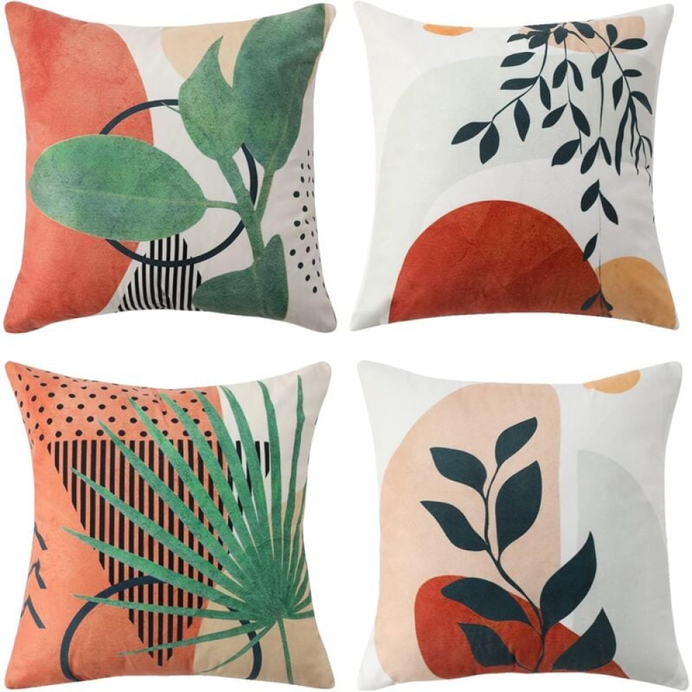 Zestaw 4 poszewek na poduszki dekoracyjne 45 x 45 cm na sofę, aksamitna, klasyczna poszewka na poduszkę do salonu, sypialni, liście