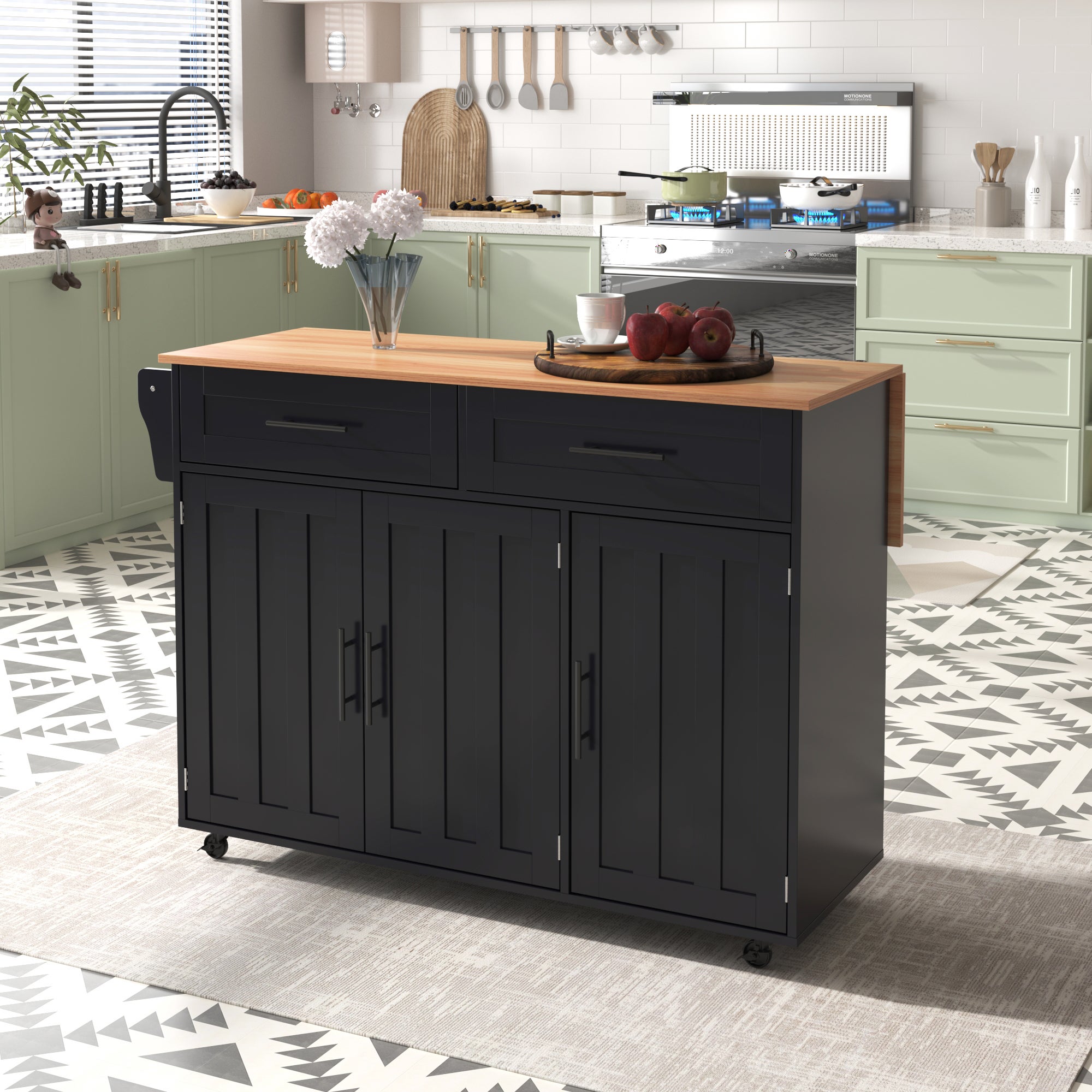 Îlot de cuisine avec plateau pliable et 5 roulettes, 129×46-71×91,5 cm,Desserte de cuisine avec espace de rangement, 2 tiroirs et 3 portes,Noir - 4