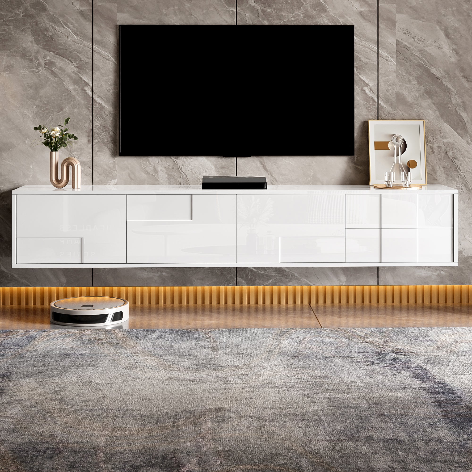 Stolik pod TV z 3 drzwiami i 2 szufladami - 170 x 30 x 30,5 cm - Płyta wiórowa + MDF - Biały
