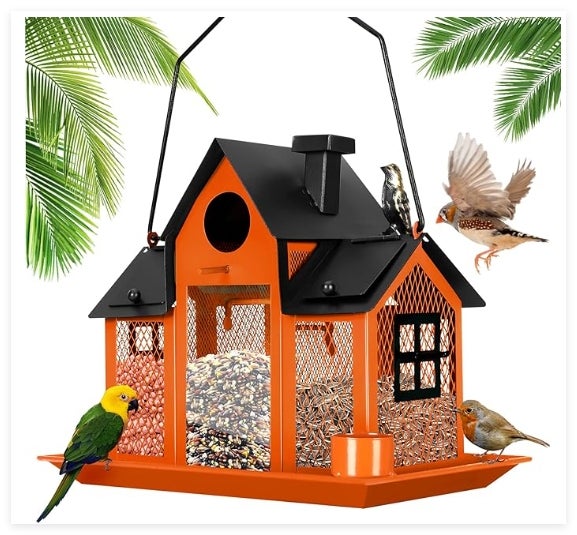 Kreatywny karmnik dla ptaków z huśtawką, dekoracja do ogrodu domowego, ciepłe światło, z dekoracją ptaków, pomarańczowy