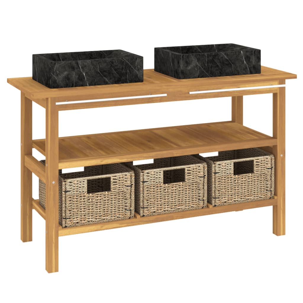 vidaXL Tocador de baño madera maciza de teca con lavabos mármol negro - 2
