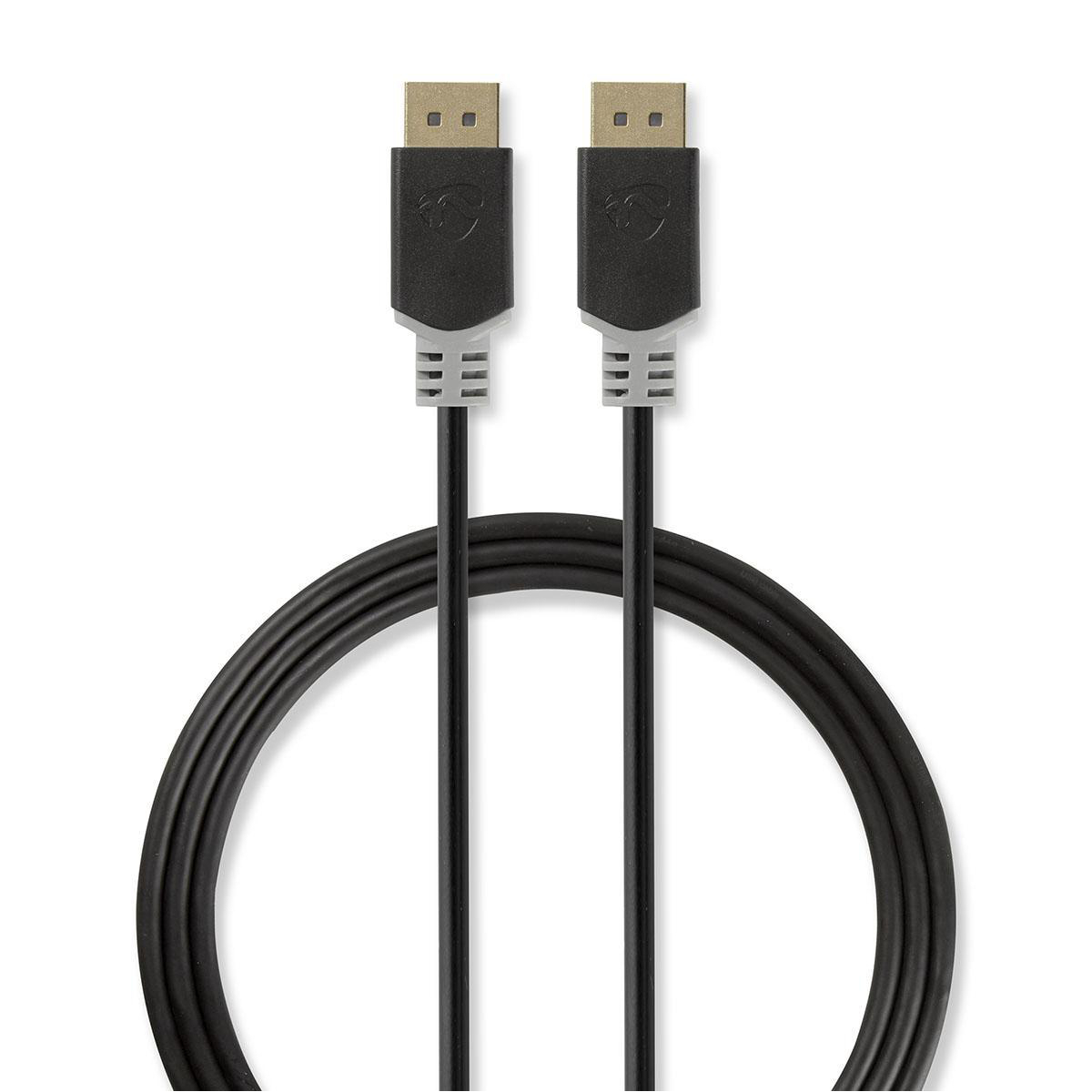 Nedis - Cavo DisplayPort, connettore DisplayPort, connettore DisplayPort, placcato oro, 2,00 m, rotondo, colore: Antracite/Grigio