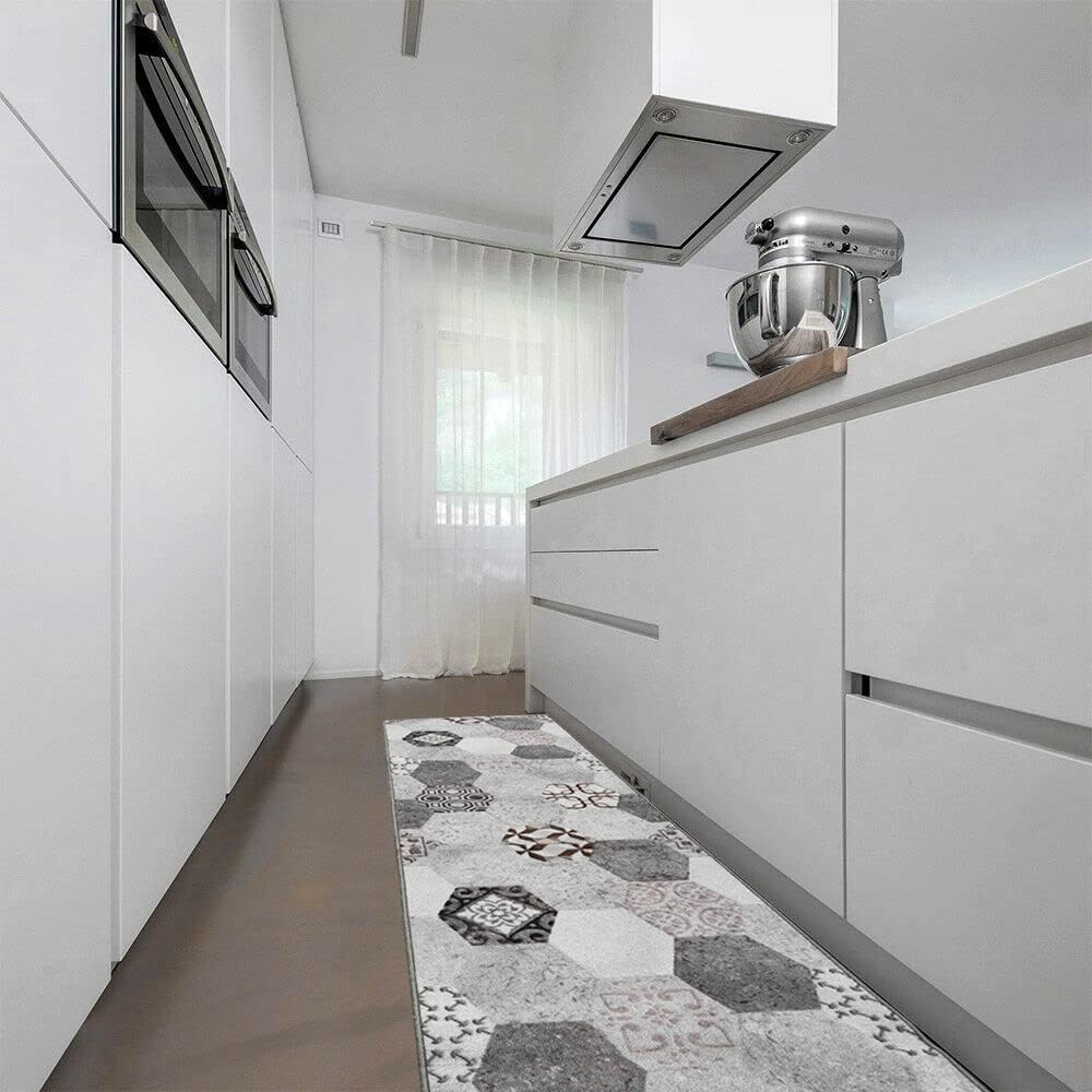 Tappeto Cucina Moderno 57x190 Cm Fantasia Piastrelle Antiscivolo Passatoia Ingresso Grigio - 5