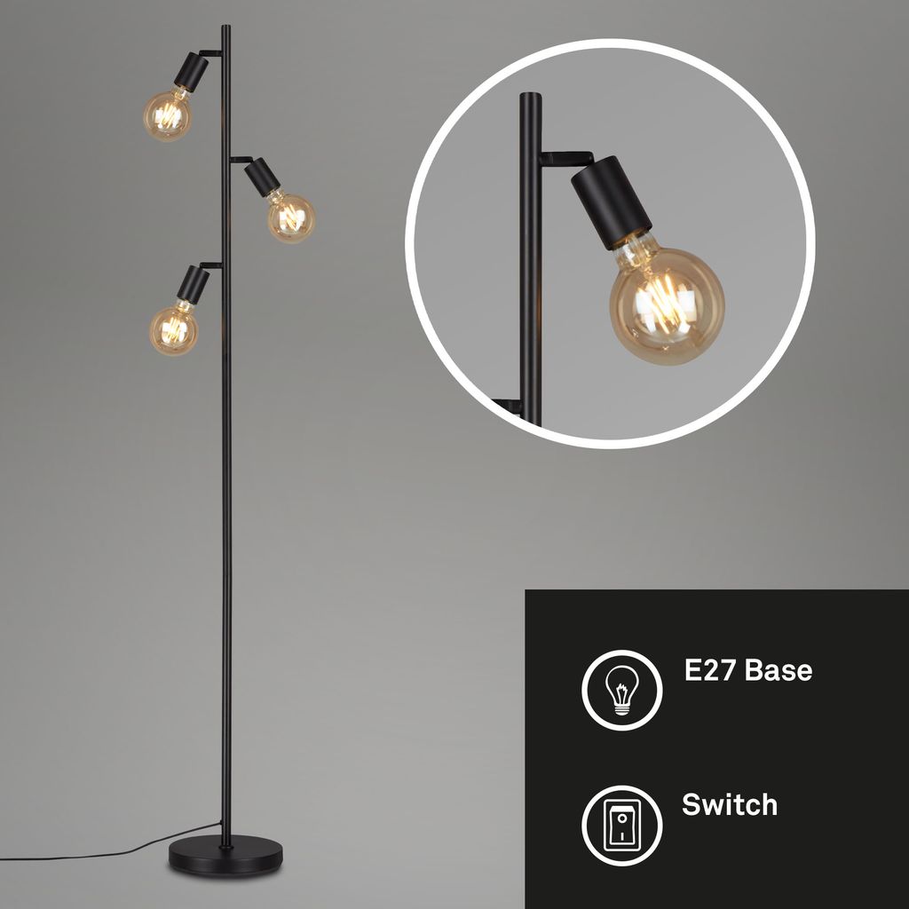 Lampadaire LED Vintage Rétro B.K.Licht - 3 Spots Orientables, Métal Noir/Blanc, Hauteur 166,5 Cm, E27