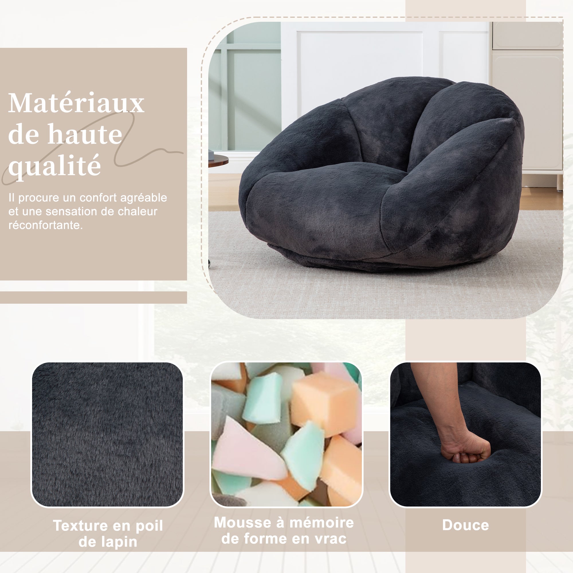 Fauteuil poire velours noir – Dossier pétales, confort mémoire douillet – Dimensions généreuses 100x90cm – Idéal salon/chambre - 4