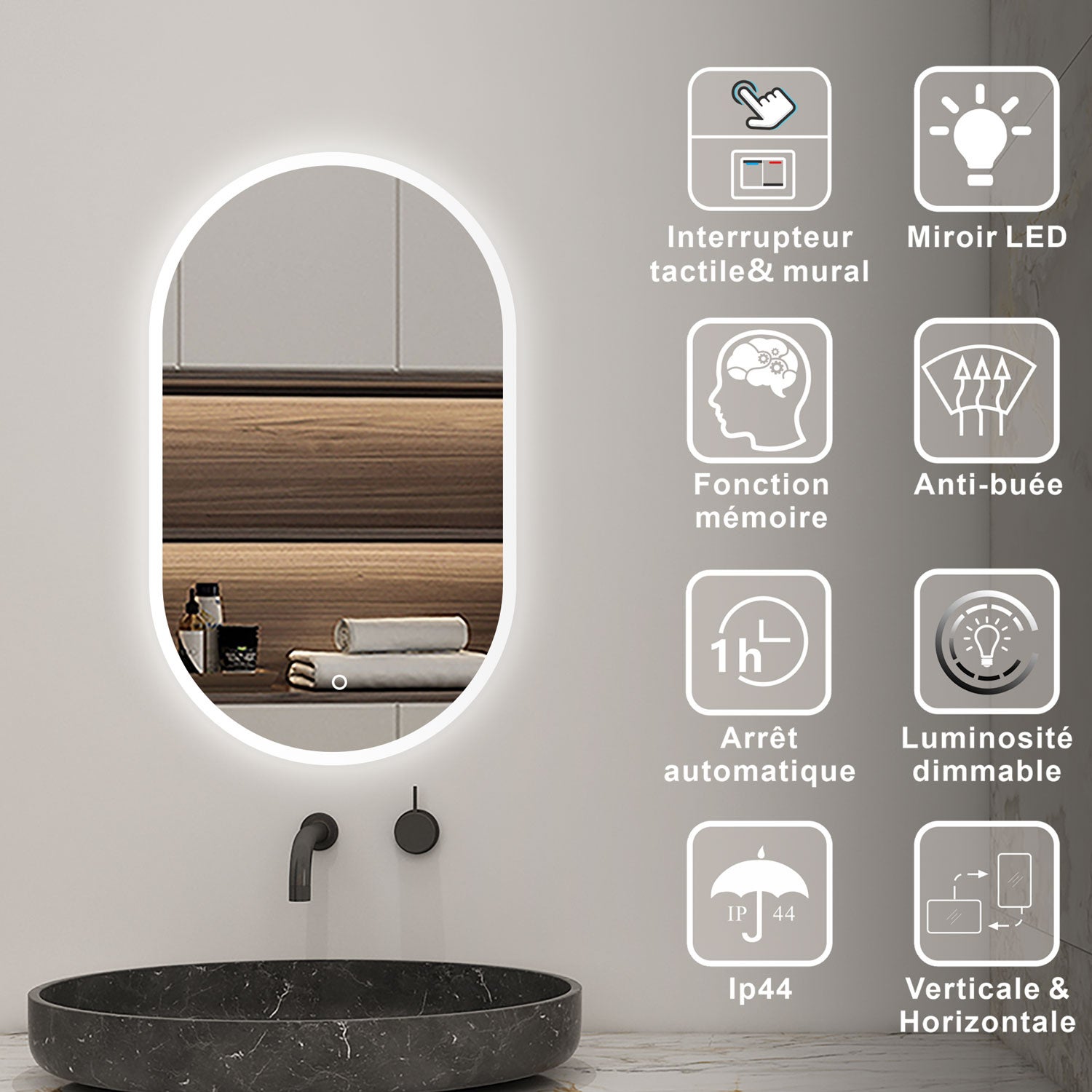 AICA Miroir lumineux ovale 60 x 100cm, dimmable + anti-buée + mémoire, miroir salle de bain led - 2