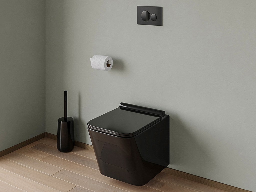 Podwieszana ceramiczna toaleta w kolorze czarny połysk ze stelażem i okrągłym przyciskiem spłuczki - CLEMONA