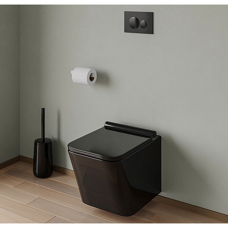 Podwieszana ceramiczna toaleta w kolorze czarny połysk ze stelażem i okrągłym przyciskiem spłuczki - CLEMONA