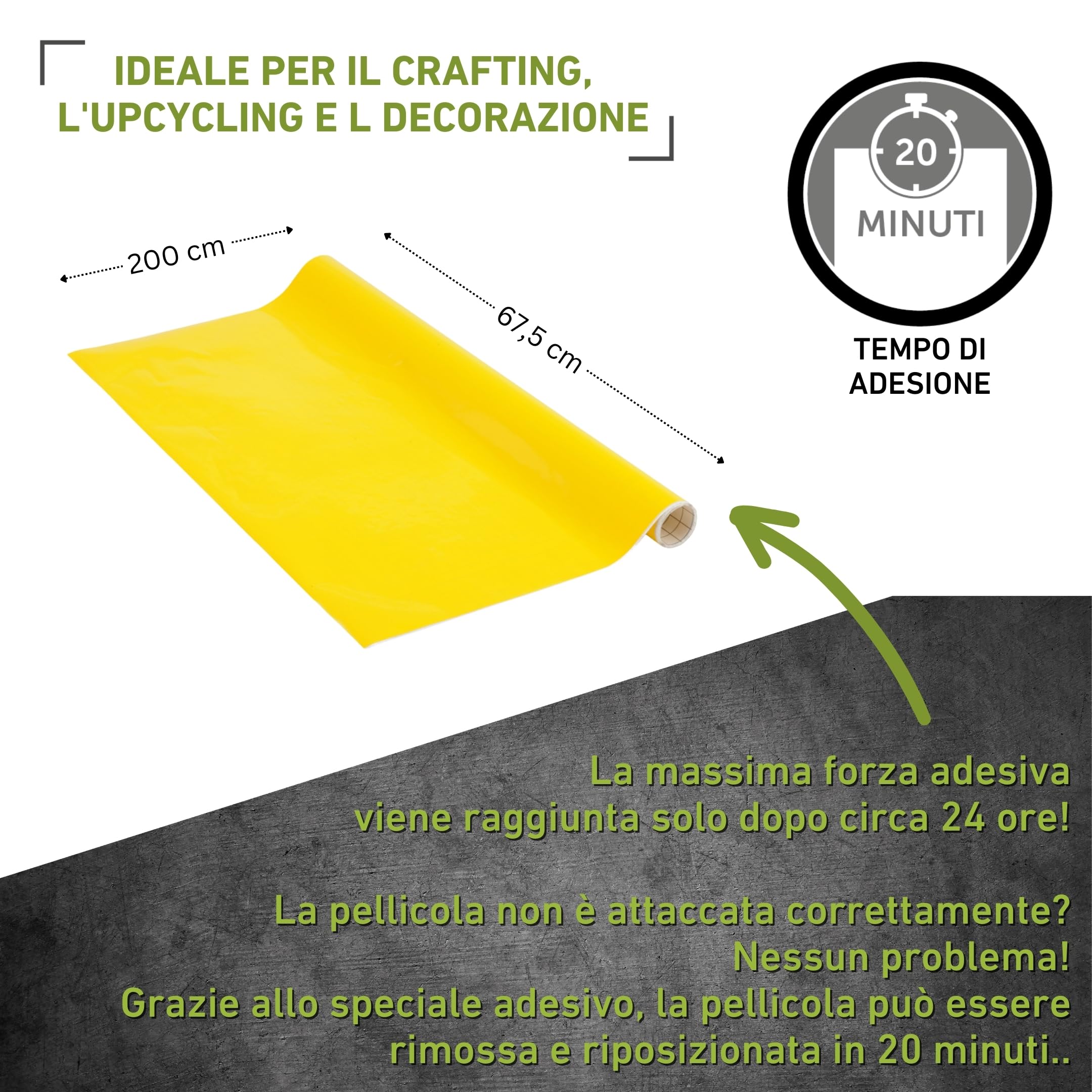 Venilia Pellicola adesiva Greenline, Giallo chiaro Giallo, 67,5cm x 2m, Spessore 95μ, Pellicola autoadesiva per mobili o cucina, carta da parati, PVC - 2