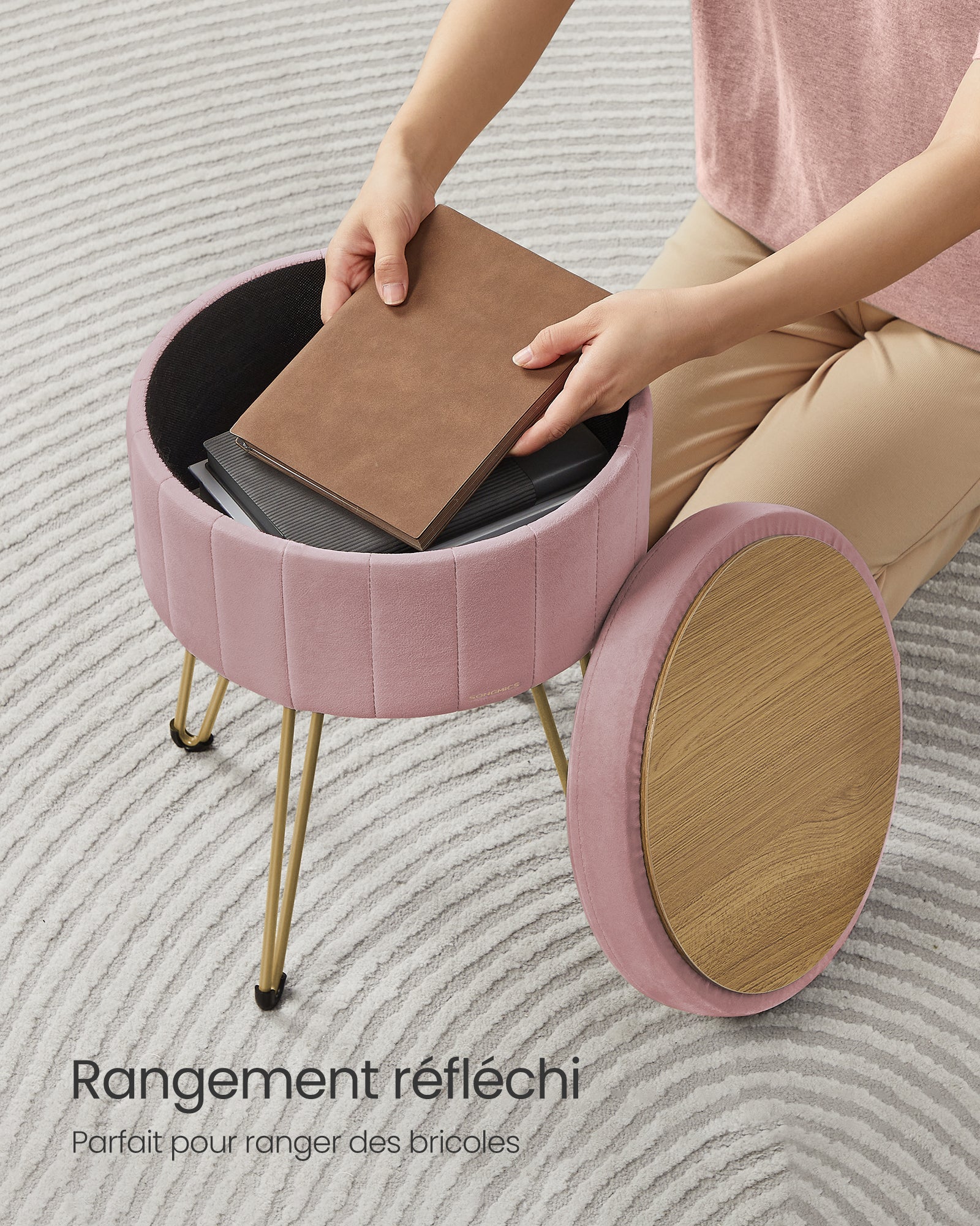 Tabouret Rangement, Siège Rond, Tabouret Coiffeuse, Pouf en Velours, Repose-pieds, 39 x 44,4 cm (Diamètre x H), 4 Pieds en Métal, Rose Bonbon - 6