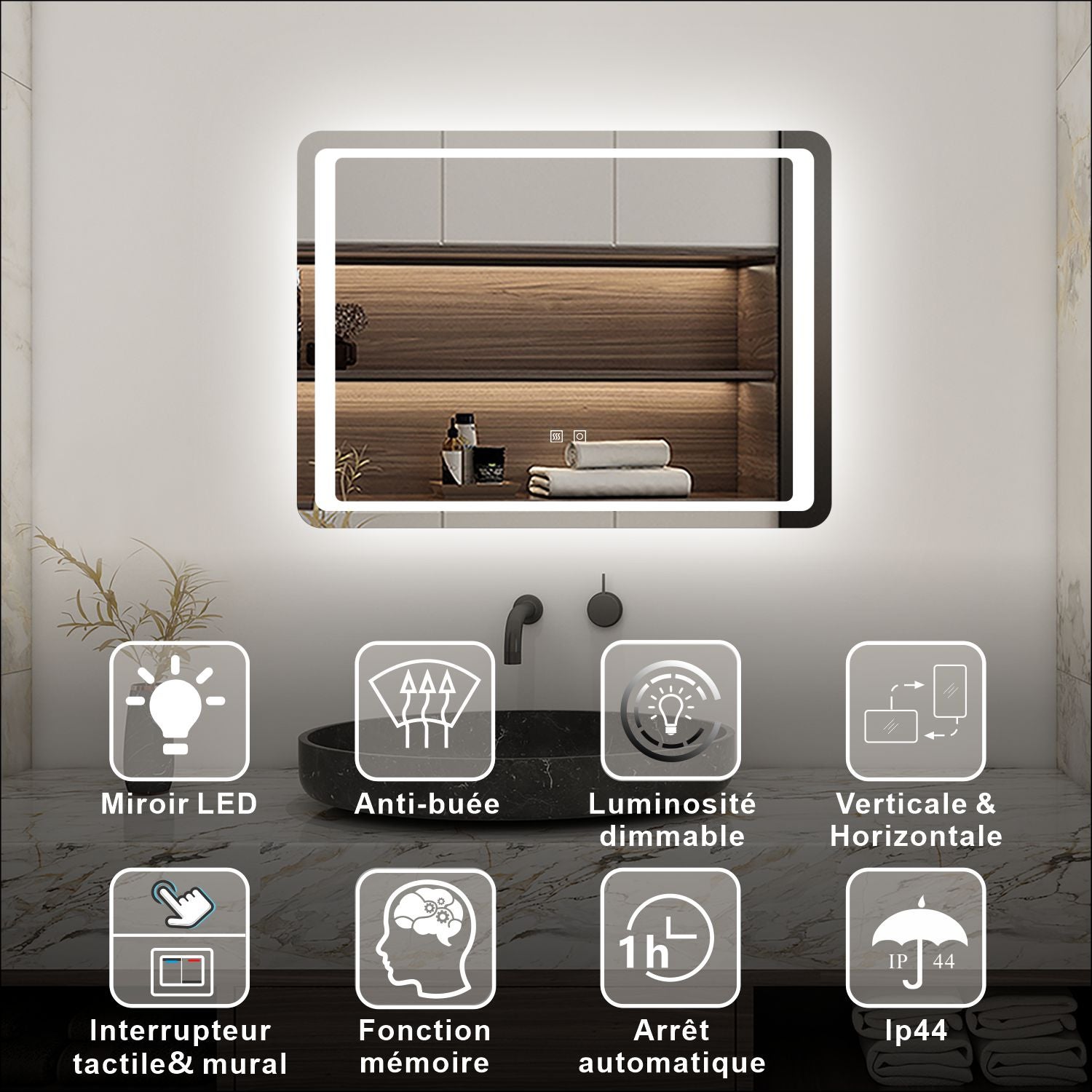 AICA Miroir lumineux 80 x 60cm anti-buée +dimmable + mémoire, miroir de salle de bain avec 2 Interrupteurs Tactiles - 2