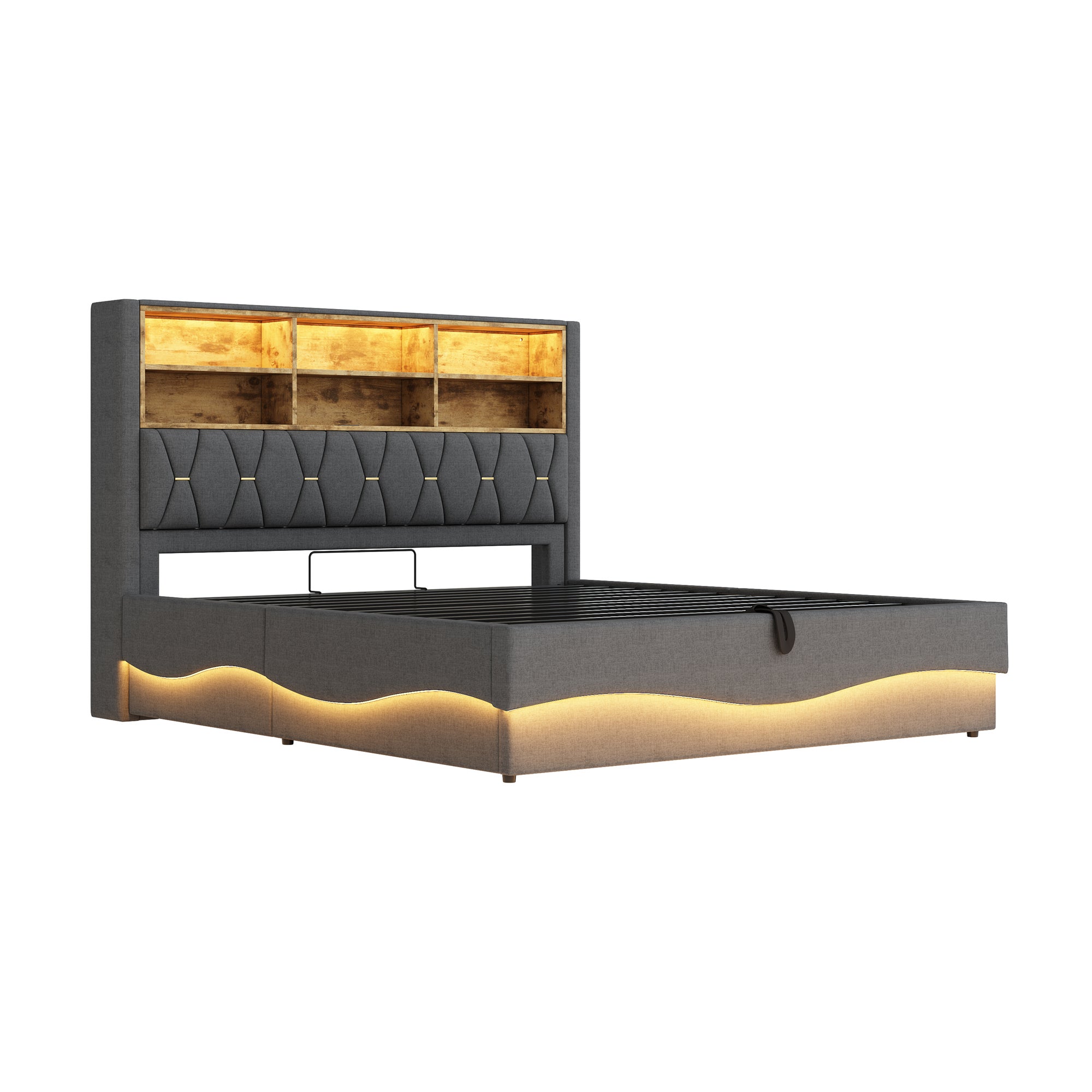 Cama baúl infantil 180x200 cm - con tira de luces LED - con puerto de carga USB - lino - gris (sin colchón) - 8
