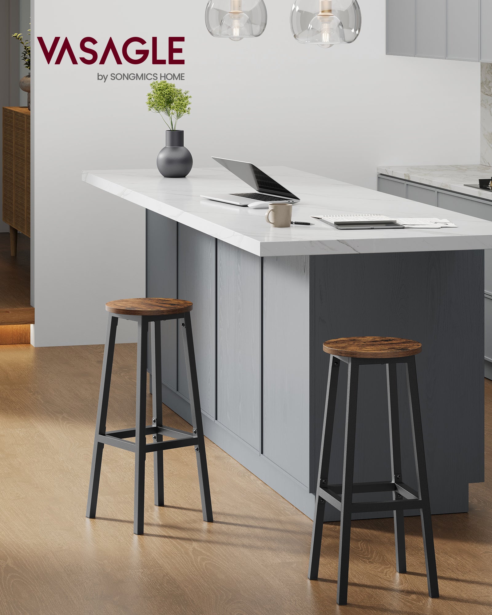 Tabouret de Bar, Lot de 2, Siège Haut, Cadre Métallique, Montage Facile, Hauteur 74 cm, pour Cuisine, Salon, Salle à Manger, Marron Rustique et Noir - 2