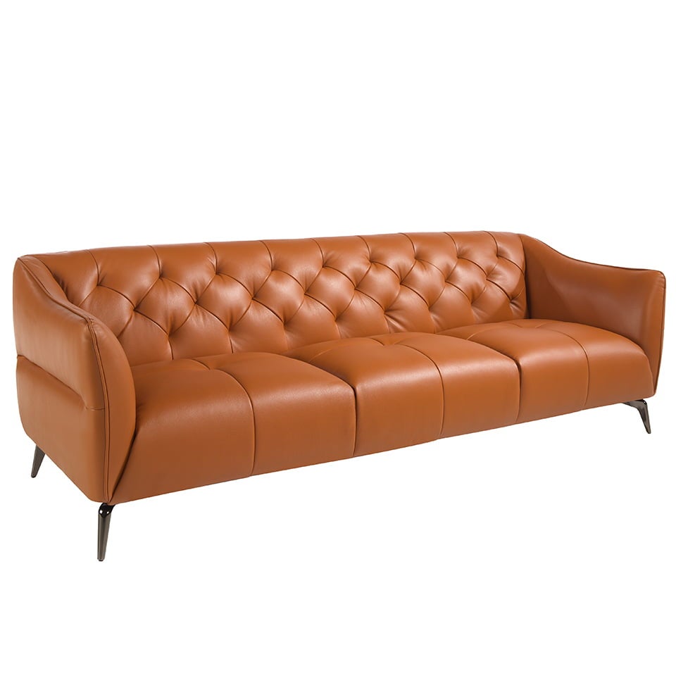 Sofá 3 plazas tapizado en capitoné con piel de origen vacuno marrón 240 x 95 x 77 cm.