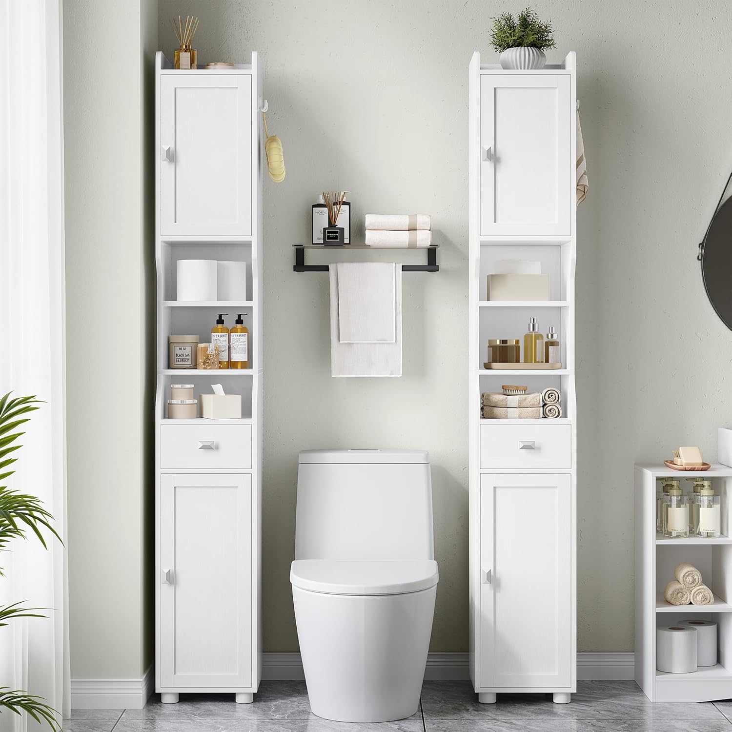Armoire de Salle de Bain Étroit, Meuble de Rangement Haute avec 2 Portes et 1 Tiroir, Étagère Réglable, Compartiment Ouvert,Blanc - 4