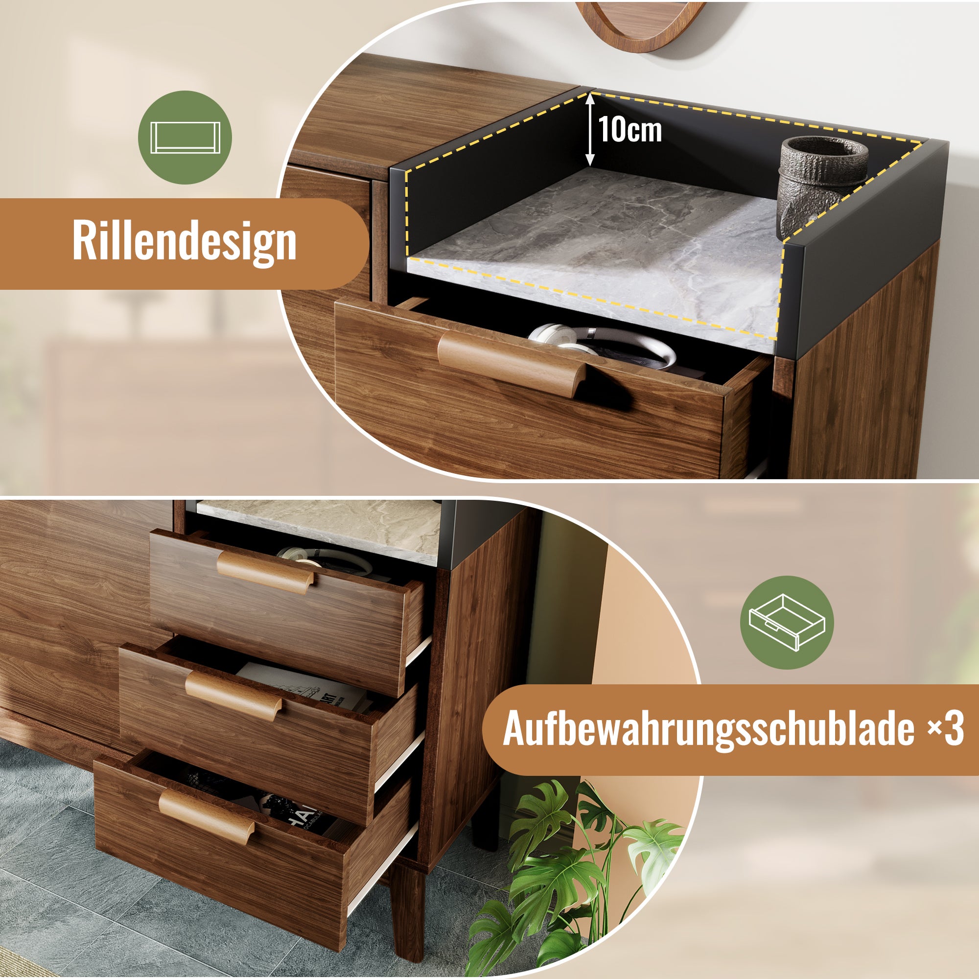 Komoda z 2 drzwiami, 3 szufladami i blatem imitującym marmur - 120 x 40 x 77 cm - MDF + lite drewno - Ciemny dąb - 8