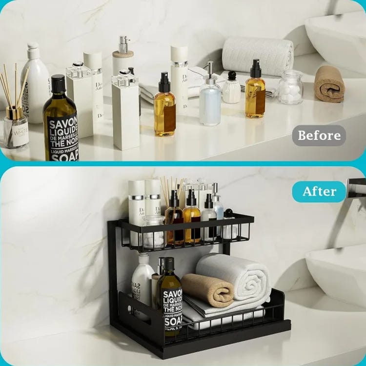 1 pièce d'étagère de rangement sous évier, étagère de rangement coulissante à 2 niveaux, étagère pour évier, organiseur pour armoire blanche - 3