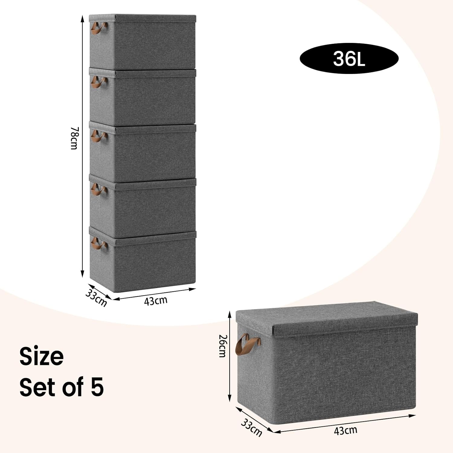 WOLTU Boîte de Rangement avec Couvercle，Lot de 6，Caisse Rangement Pliable，43x33x26cm，Coffre de Rangement en Tissu non Tissé，Gris - 4
