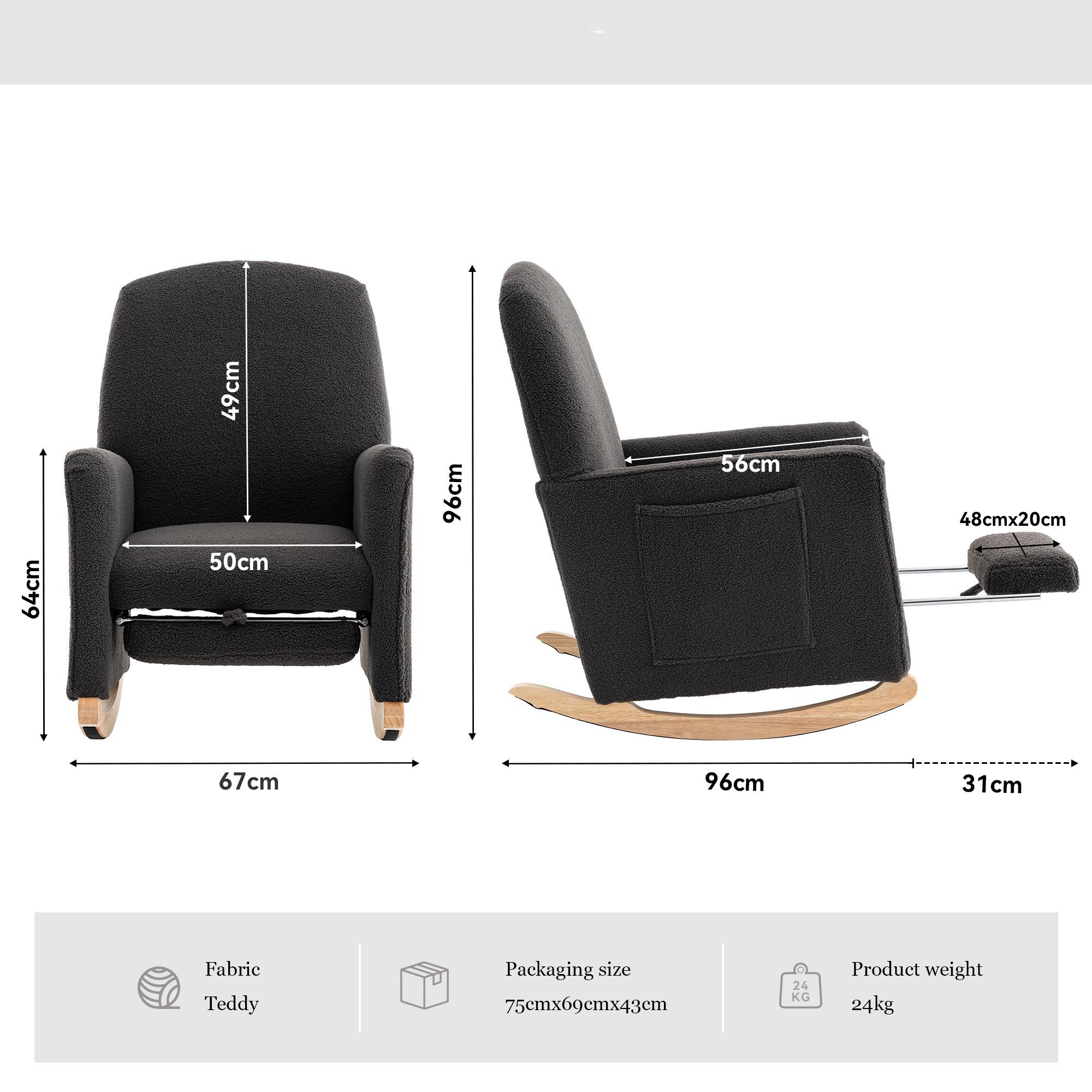 Elegancki fotel bujany z tkaniny w misie ze zintegrowanym podnóżkiem - Fotel wypoczynkowy z wysokim oparciem i nowoczesnym designem - 6