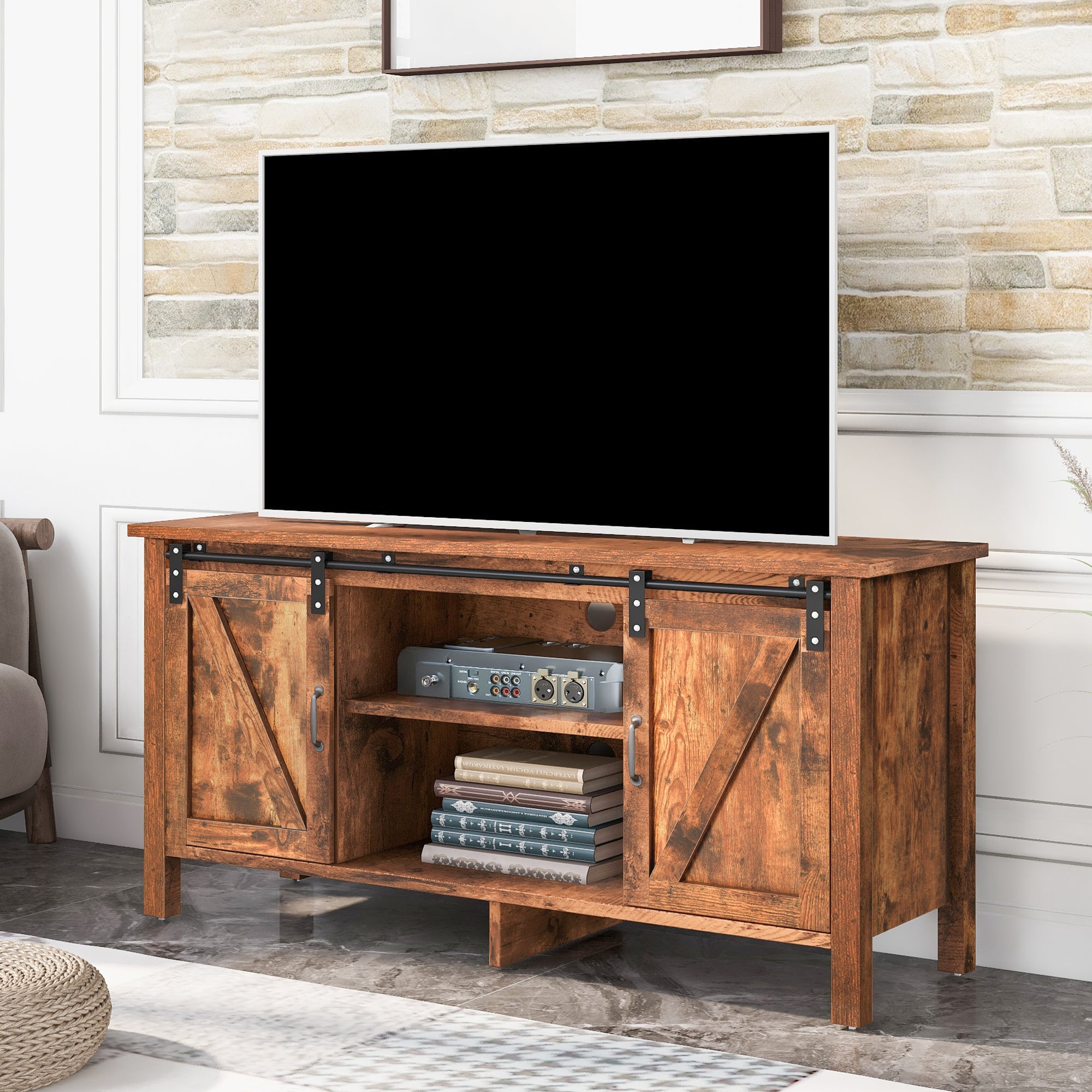 Armoire TV Style Industriel 175cm Avec LED - Meuble TV Chêne Clair Et Rangement 3 Portes