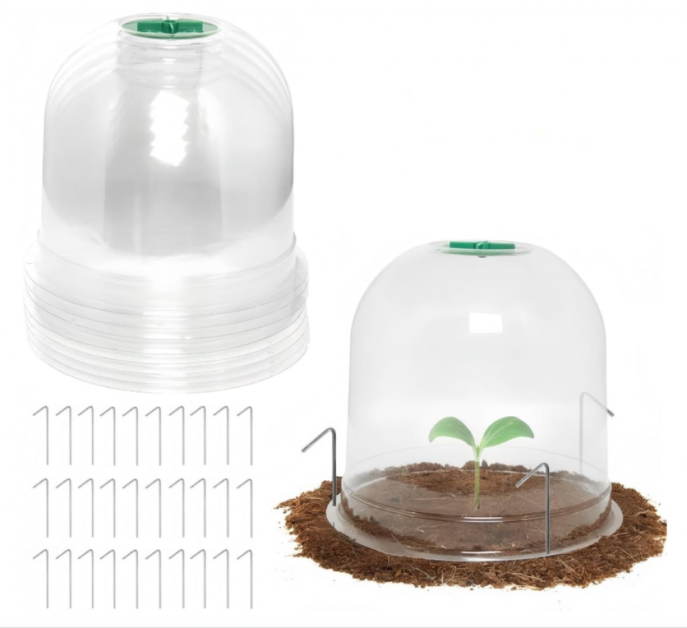 Zestaw 10 kloszy ogrodowych, 19 cm x 16 cm, plastikowe klosze do szklarni w kształcie kopuły, z 2 etykietami na rośliny, 30 kołkami mocującymi