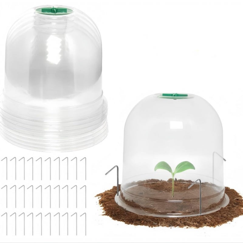 Zestaw 10 kloszy ogrodowych, 19 cm x 16 cm, plastikowe klosze do szklarni w kształcie kopuły, z 2 etykietami na rośliny, 30 kołkami mocującymi