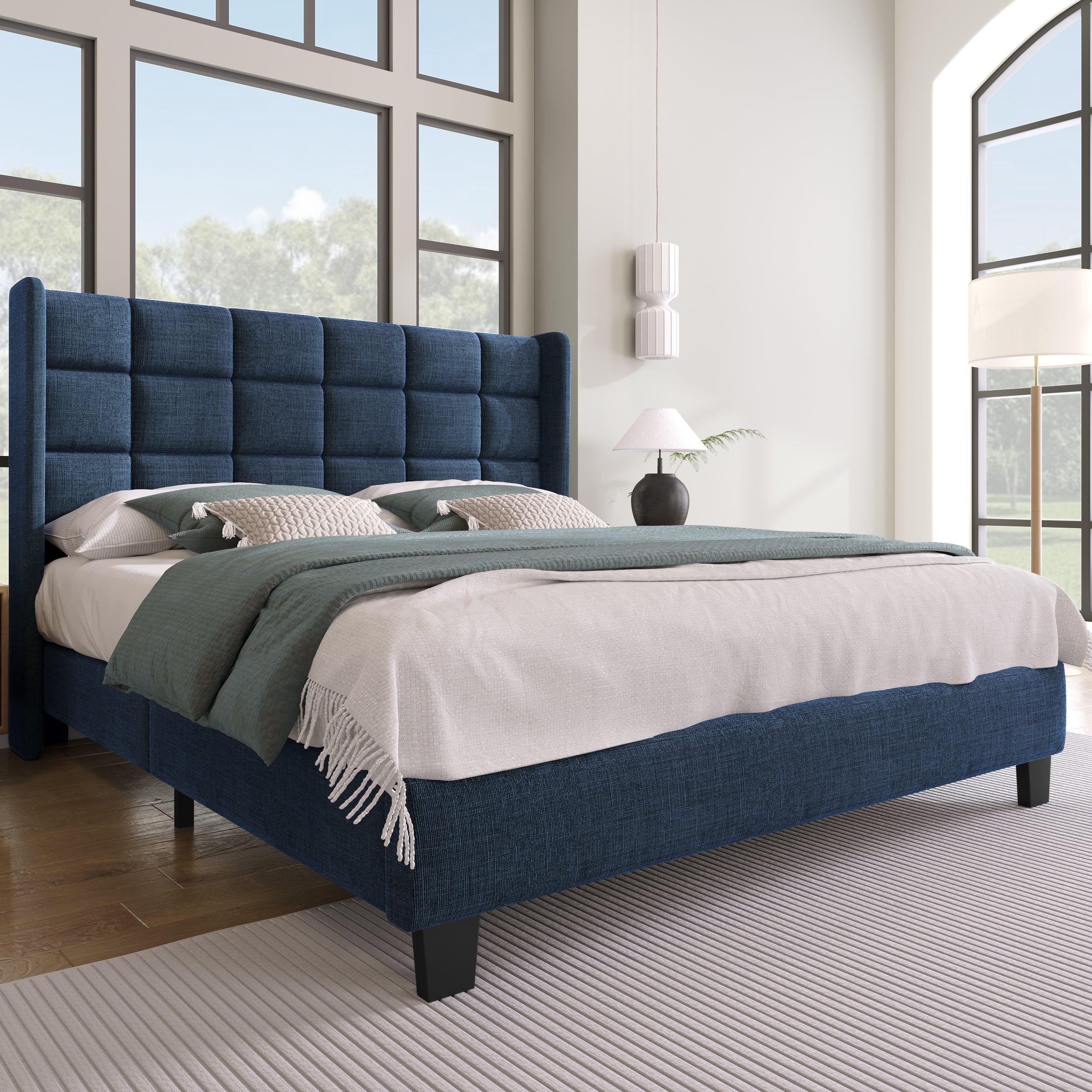 Cama estofada para adulto com cabeceira - 140 x 200 cm - tecido de linho - azul - 2