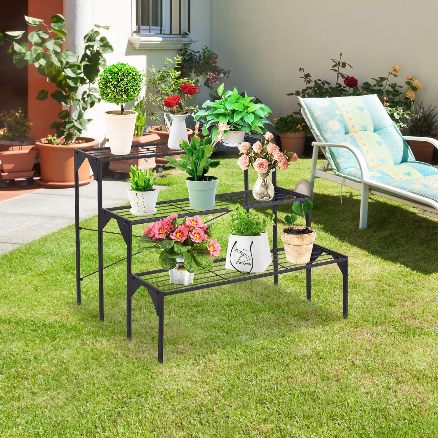 Support pour Plantes en Acier à 3 Niveaux, Support de Rangement pour Pots de Fleurs en échelle, Porte-Plantes,Support de Plantes Robuste - 9
