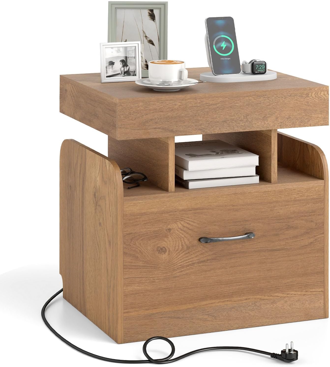 Table De Chevet Avec Station De Charge Intégrée - 2 Prises, USB, Type-C - Tiroir Et Étagères - 50x40x55 Cm - Naturel/Blanc/Noir