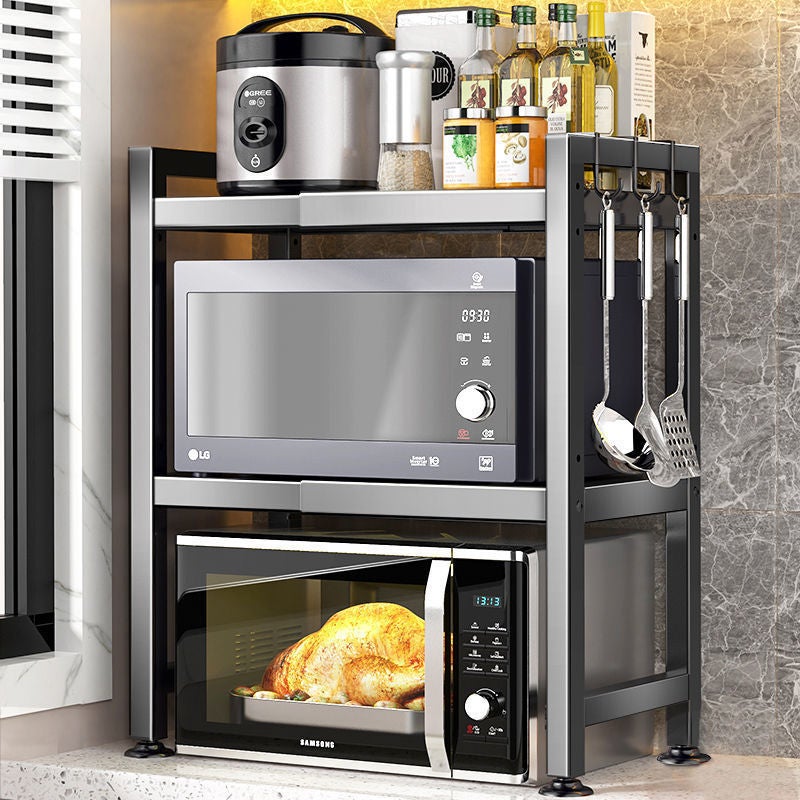 Podwójna półka mikrofalowa z 6 haczykami – stal węglowa, odporna na rdzę i zabrudzenia, regulowana wysokość, kolor czarny