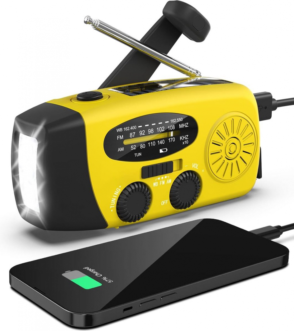 Przenośne radio awaryjne – Power Bank 2000 mAh – Radio awaryjne zasilane bateryjnie (ładowalne) – Na kemping i w sytuacjach kryzysowych – Żółte
