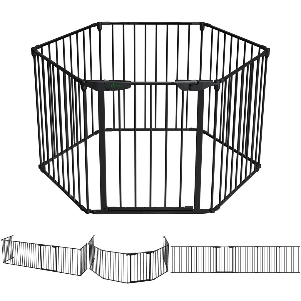 Vounot barrera de seguridad para chimenea preensamblada, parque recinto para perro plegable 6 paneles, 375x74 cm, negro